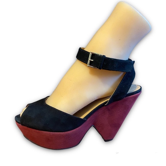 Sandro H12 Abracadabra Suede Platform Colorblock Graphic Ankle Strap Sandals - Picture 3 of 12